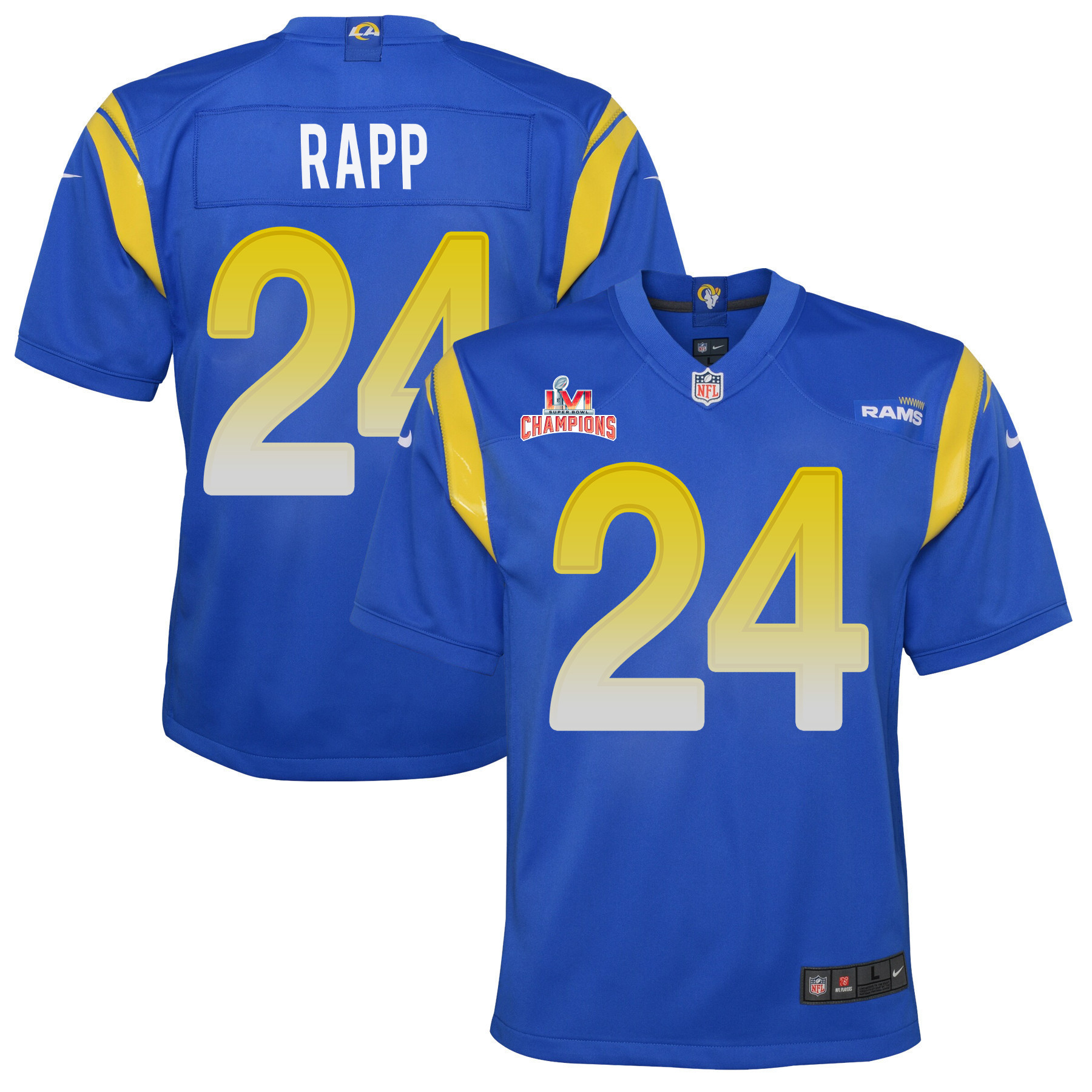 Super Bowl LVI Champions Los Angeles Rams Taylor Rapp 24 Royal Youth's Jersey Jersey