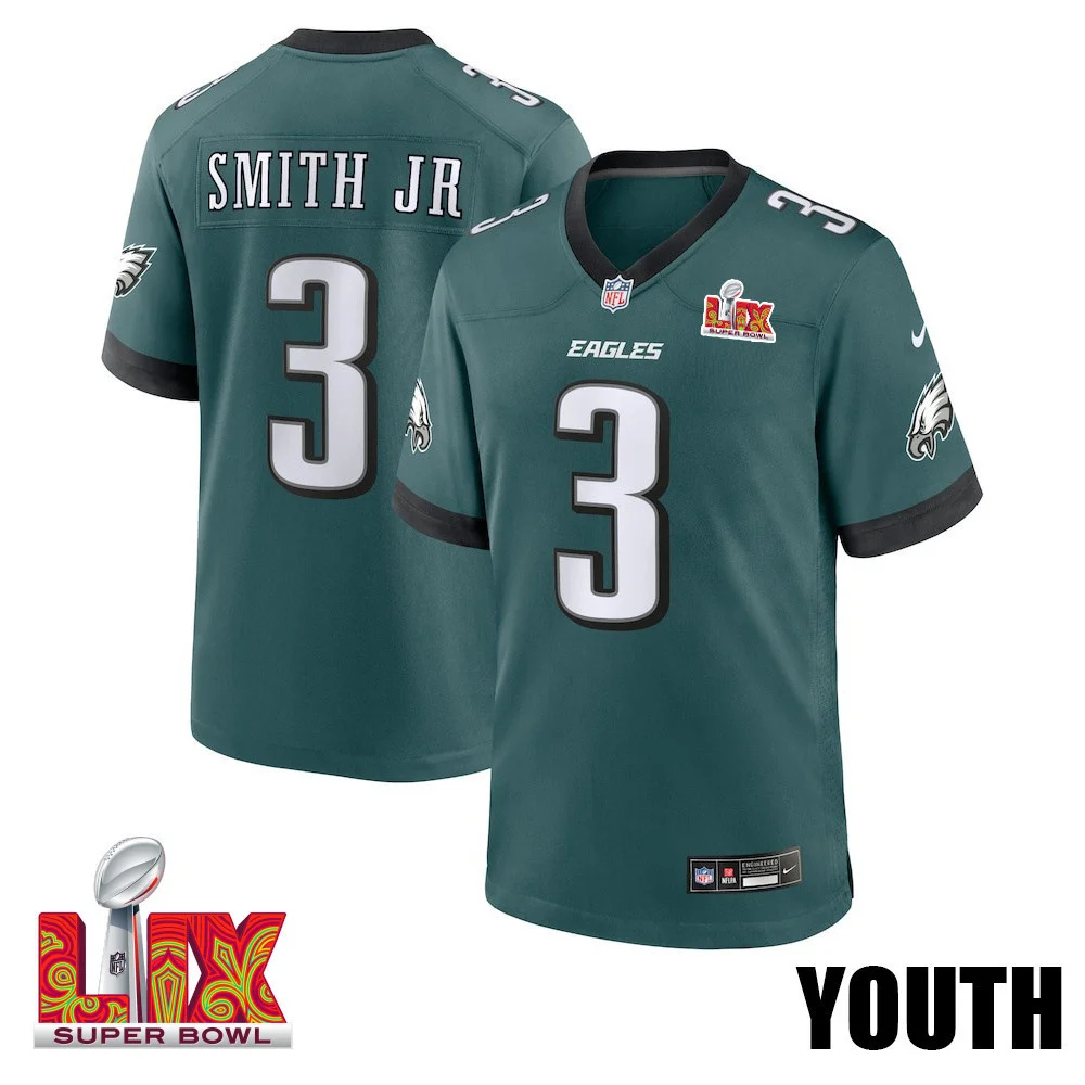 Nolan Smith Jr. #3 Philadelphia Eagles Super Bowl LIX YOUTH Jersey - Midnight Green