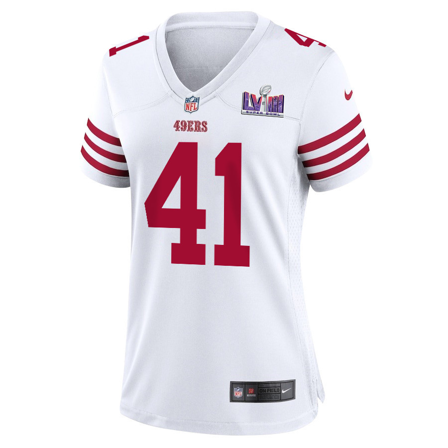 Tayler Hawkins 41 San Francisco 49ers Super Bowl LVIII Patch Game Women Jersey - White
