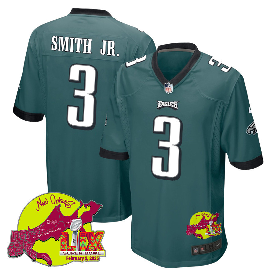 Nolan Smith Jr. 3 Philadelphia Eagles Super Bowl LIX New Orleans Patch Game Men Jersey - Midnight Green