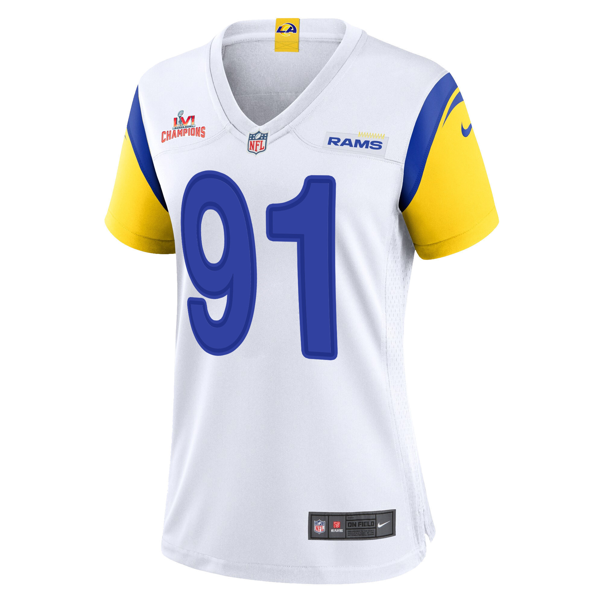 Super Bowl LVI Champions Los Angeles Rams Greg Gaines 91 White Women's Jersey Jersey