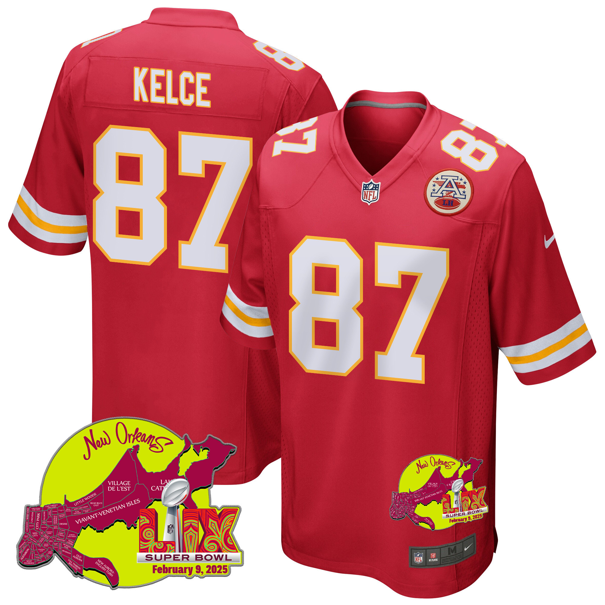 Travis Kelce 87 Kansas City Chiefs Super Bowl LIX New Orleans Patch Game Men Jersey - Red
