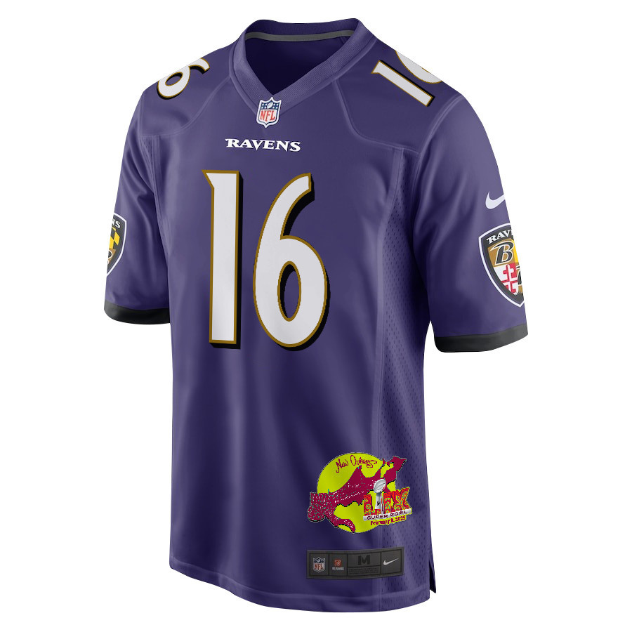 Tylan Wallace 16 Baltimore Ravens Super Bowl LIX New Orleans Patch Game Men Jersey - Purple