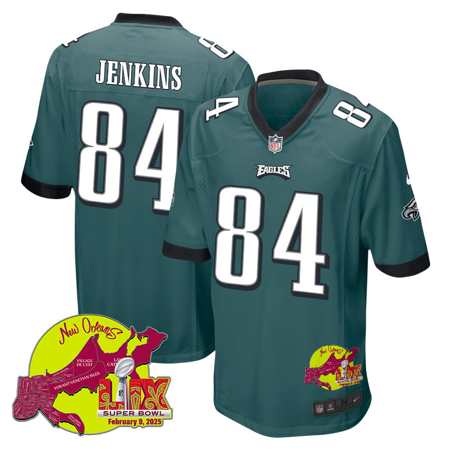 E.J. Jenkins 84 Philadelphia Eagles Super Bowl LIX New Orleans Patch Game Men Jersey - Midnight Green