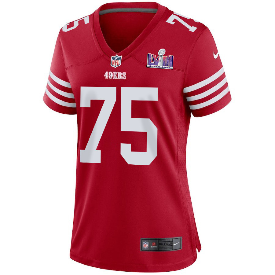 Matt Pryor 75 San Francisco 49ers Super Bowl LVIII Patch Game Women Jersey - Scarlet