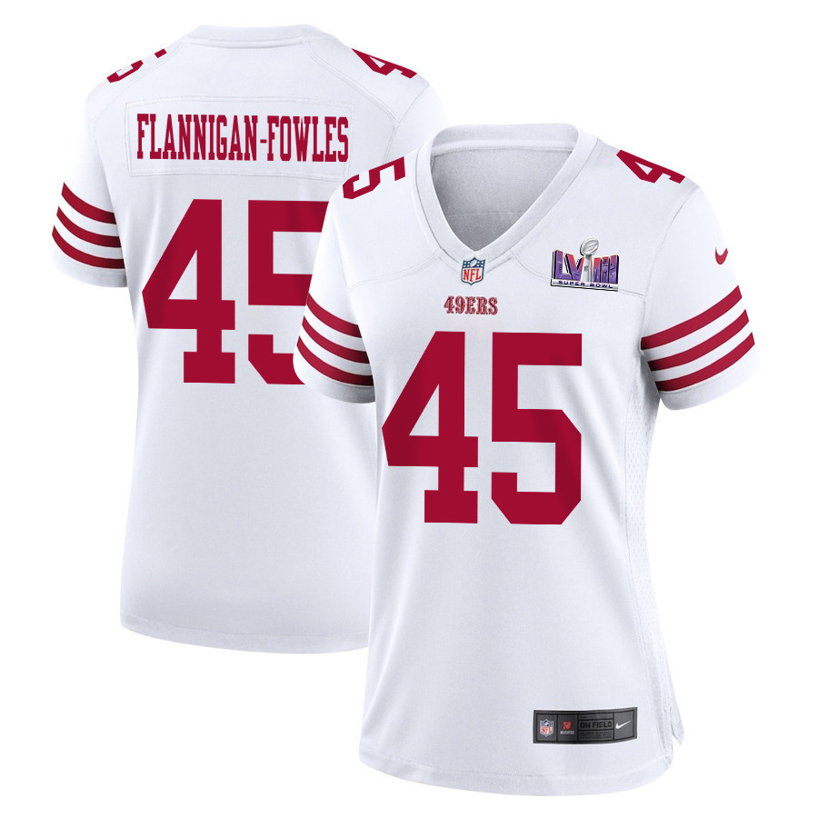 Demetrius Flannigan-Fowles 45 San Francisco 49ers Super Bowl LVIII Patch Game Women Jersey - White