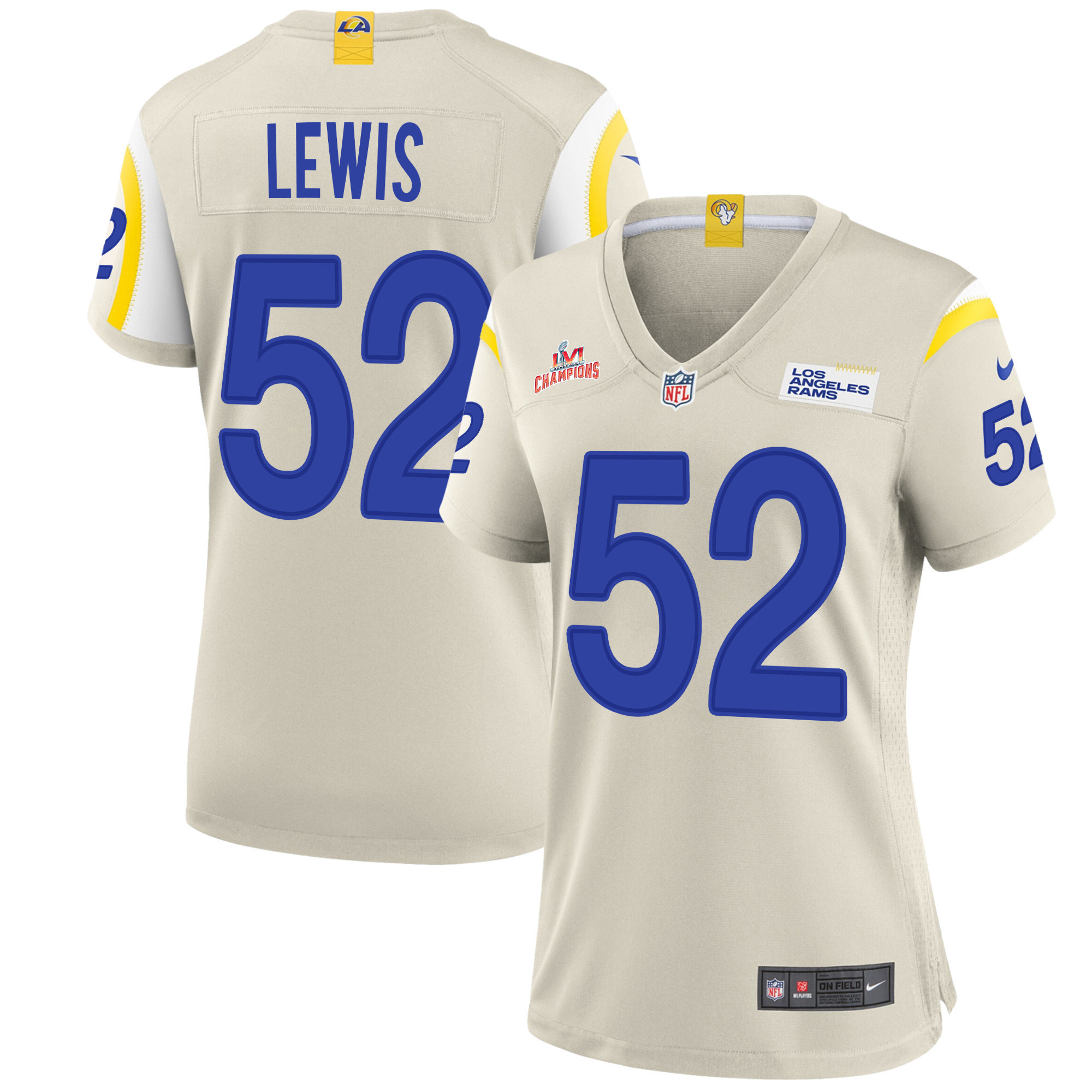 Super Bowl LVI Champions Los Angeles Rams Terrell Lewis 52 Bone Women's Jersey Jersey