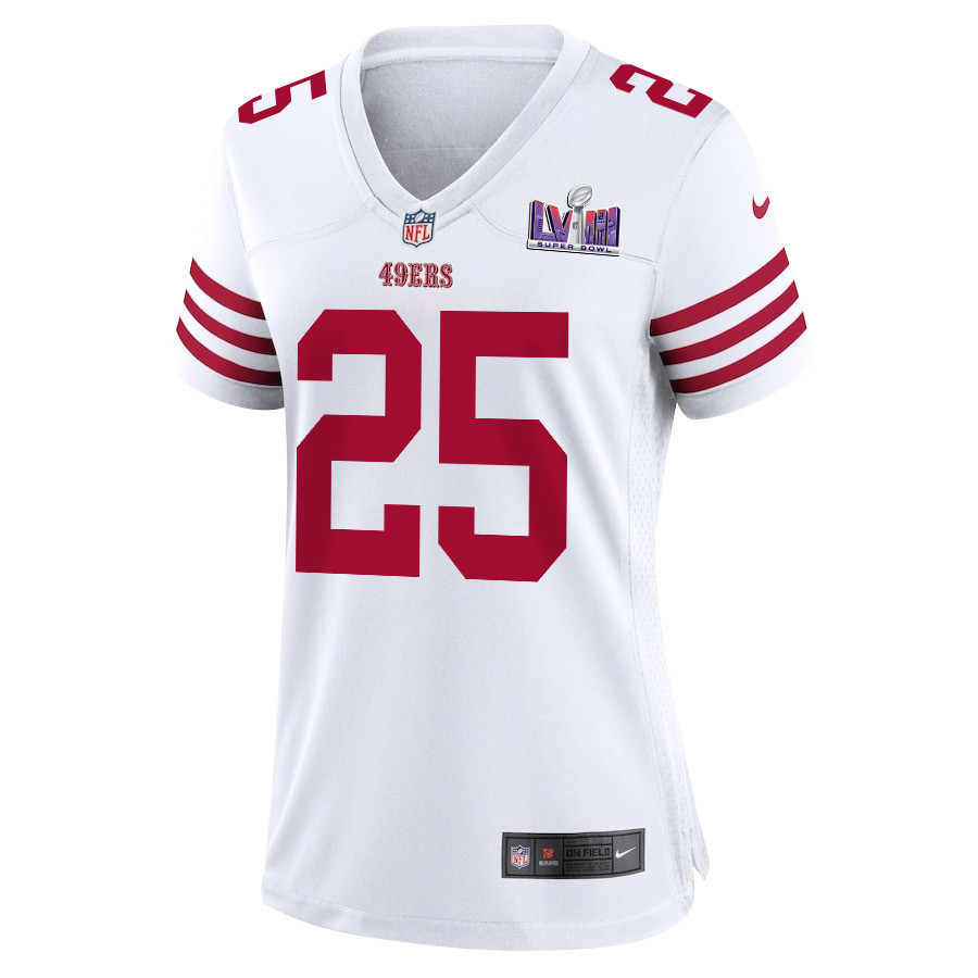 Elijah Mitchell 25 San Francisco 49ers Super Bowl LVIII Patch Game Women Jersey - White