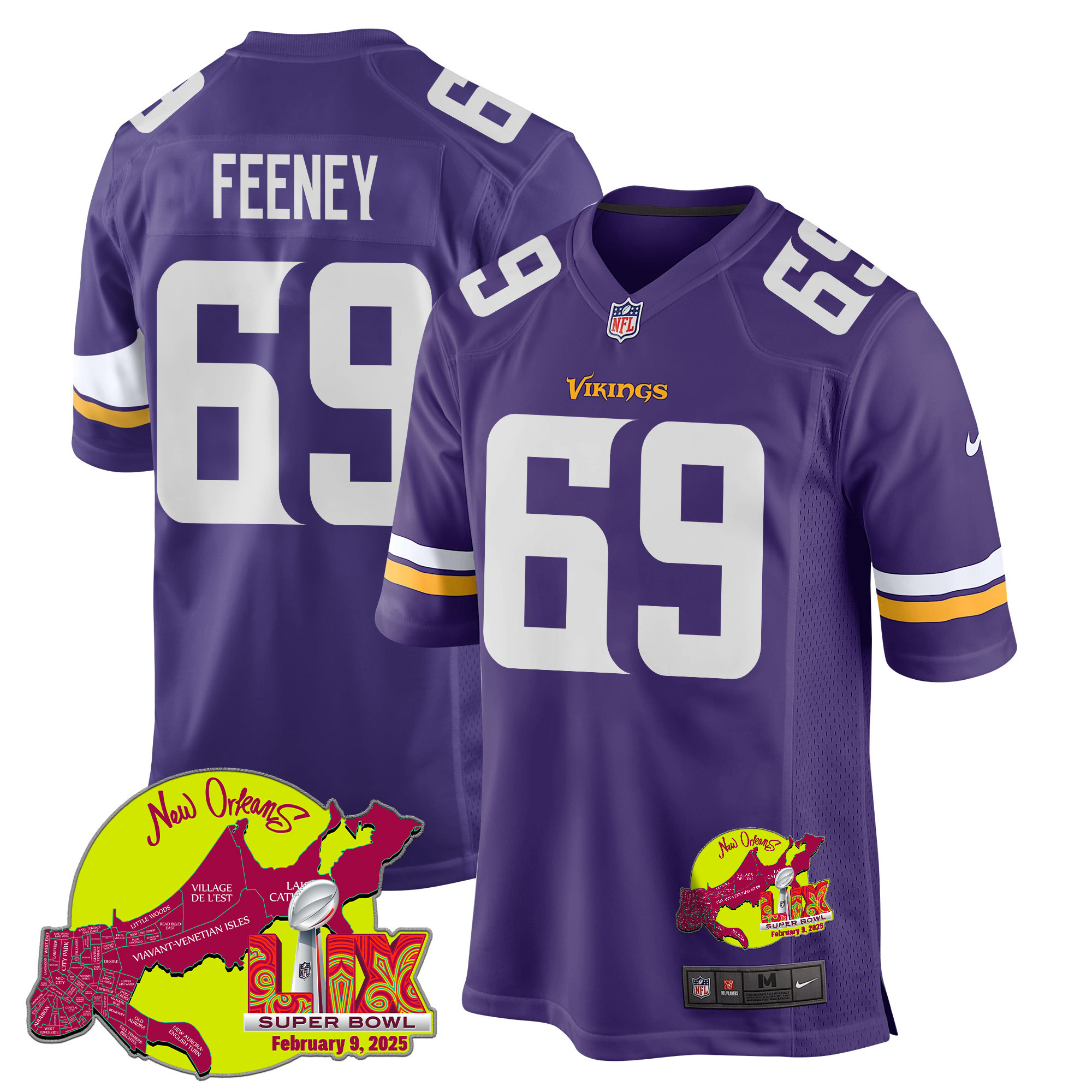 Dan Feeney 69 Minnesota Vikings Super Bowl LIX New Orleans Patch Game Men Jersey - Purple