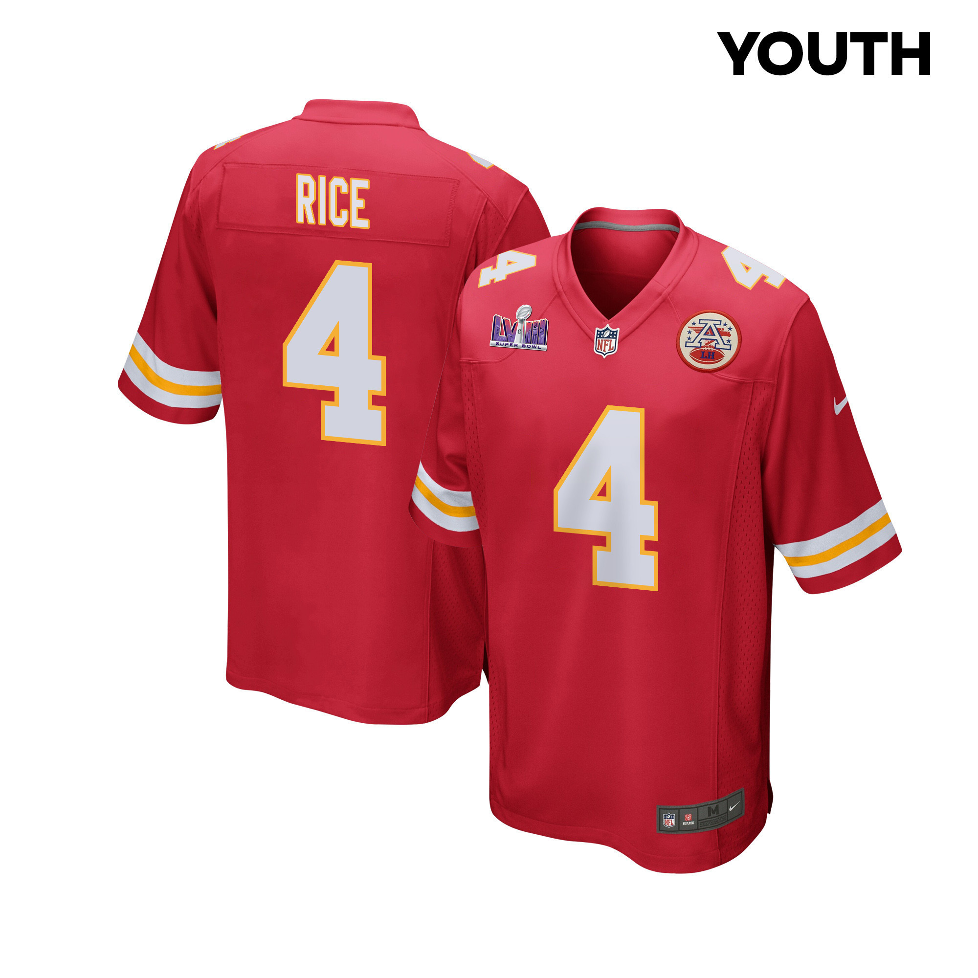 Rashee Rice 4 Kansas City Chiefs Super Bowl LVIII Patch Game YOUTH Jersey - Red