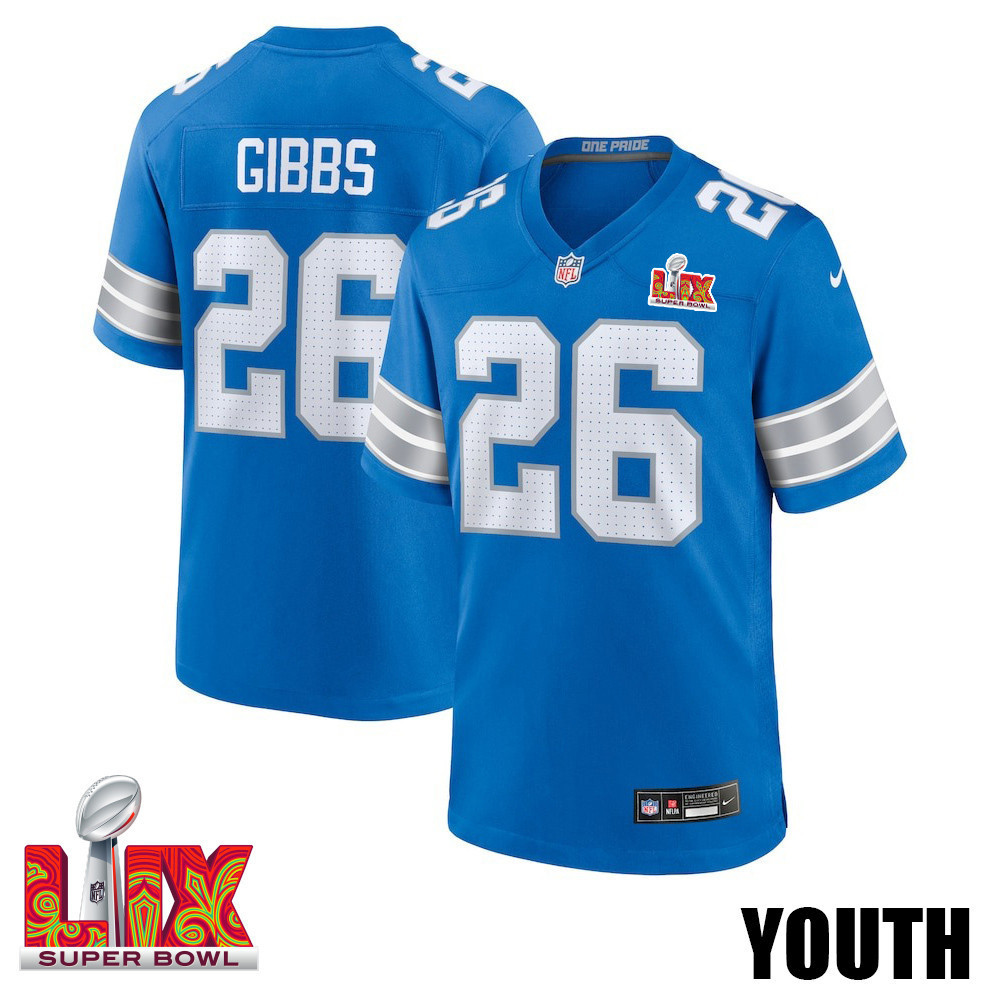 Jahmyr Gibbs #26 Detroit Lions Super Bowl LIX YOUTH Jersey - Blue