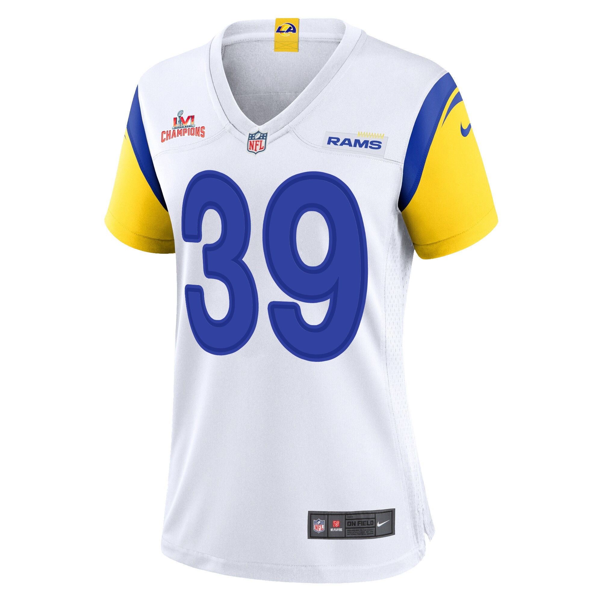 Super Bowl LVI Champions Los Angeles Rams Antoine Brooks Jr. 39 White Women's Jersey Jersey