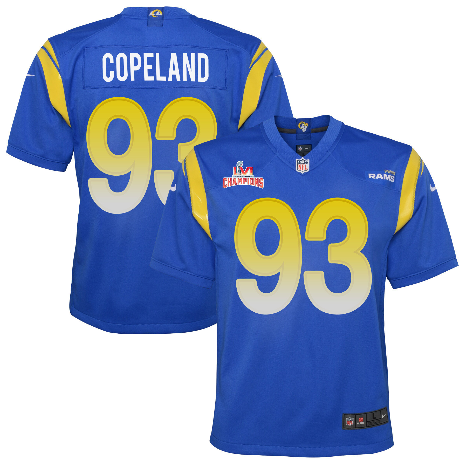 Super Bowl LVI Champions Los Angeles Rams Marquise Copeland 93 Royal Youth's Jersey Jersey