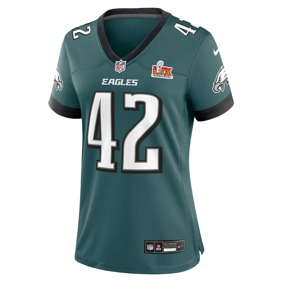 Oren Burks #42 Philadelphia Eagles Super Bowl LIX Women's Jersey - Midnight Green