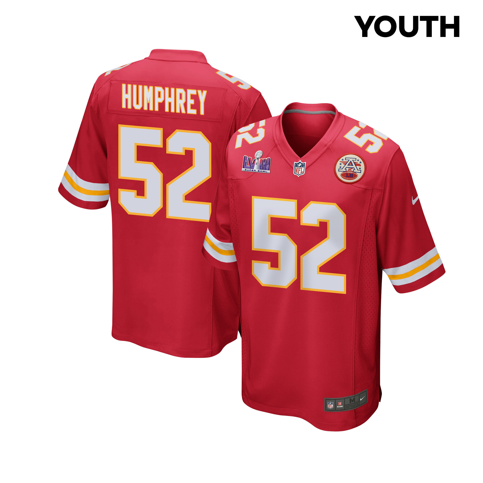 Creed Humphrey 52 Kansas City Chiefs Super Bowl LVIII Patch Game YOUTH Jersey - Red
