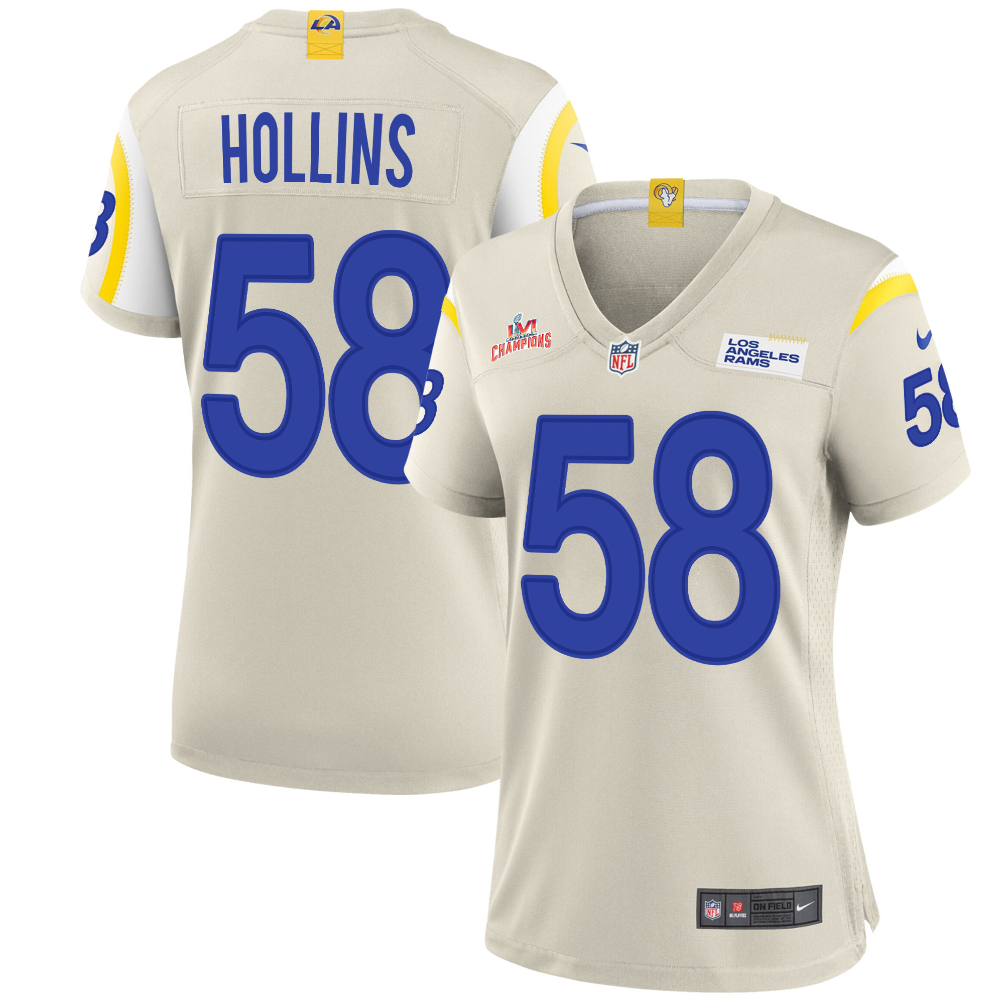 Super Bowl LVI Champions Los Angeles Rams Justin Hollins 58 Bone Women's Jersey Jersey