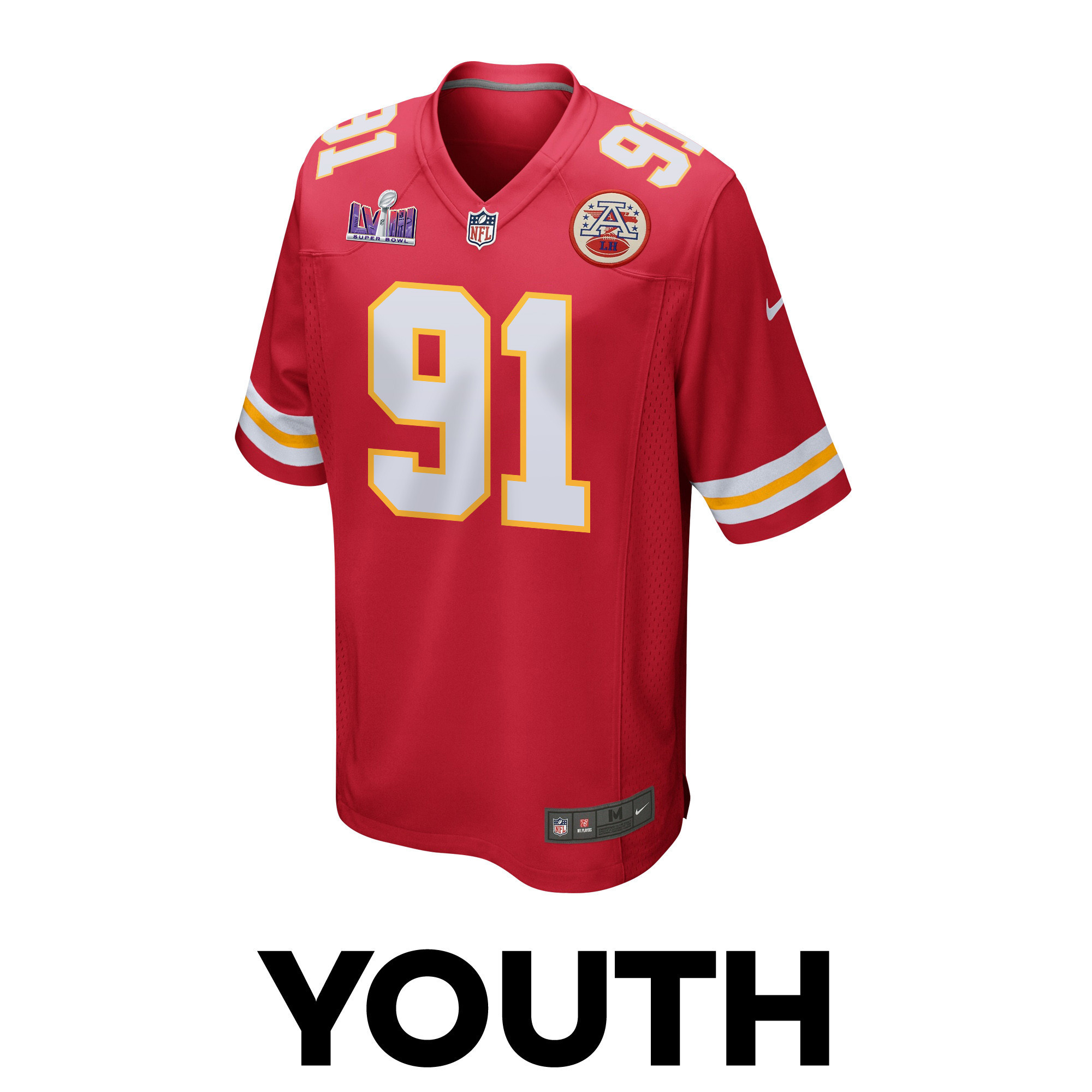 Derrick Nnadi 91 Kansas City Chiefs Super Bowl LVIII Patch Game YOUTH Jersey - Red