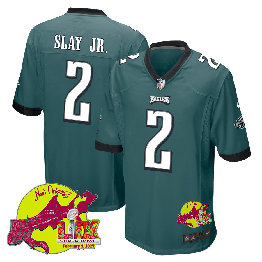 Darius Slay Jr. 2 Philadelphia Eagles Super Bowl LIX New Orleans Patch Game Men Jersey - Midnight Green