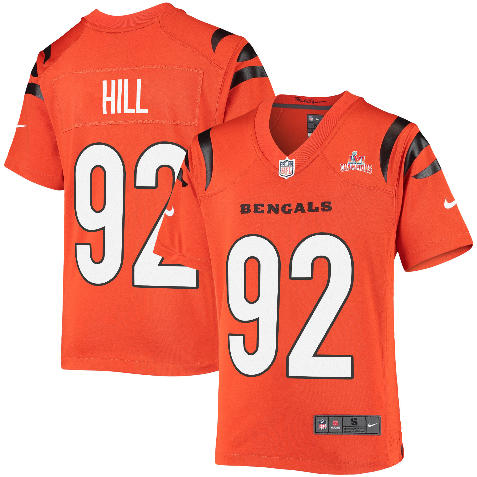 Super Bowl LVI Champions Cincinnati Bengals B.J. Hill 92 Orange Youth's Jersey Jersey