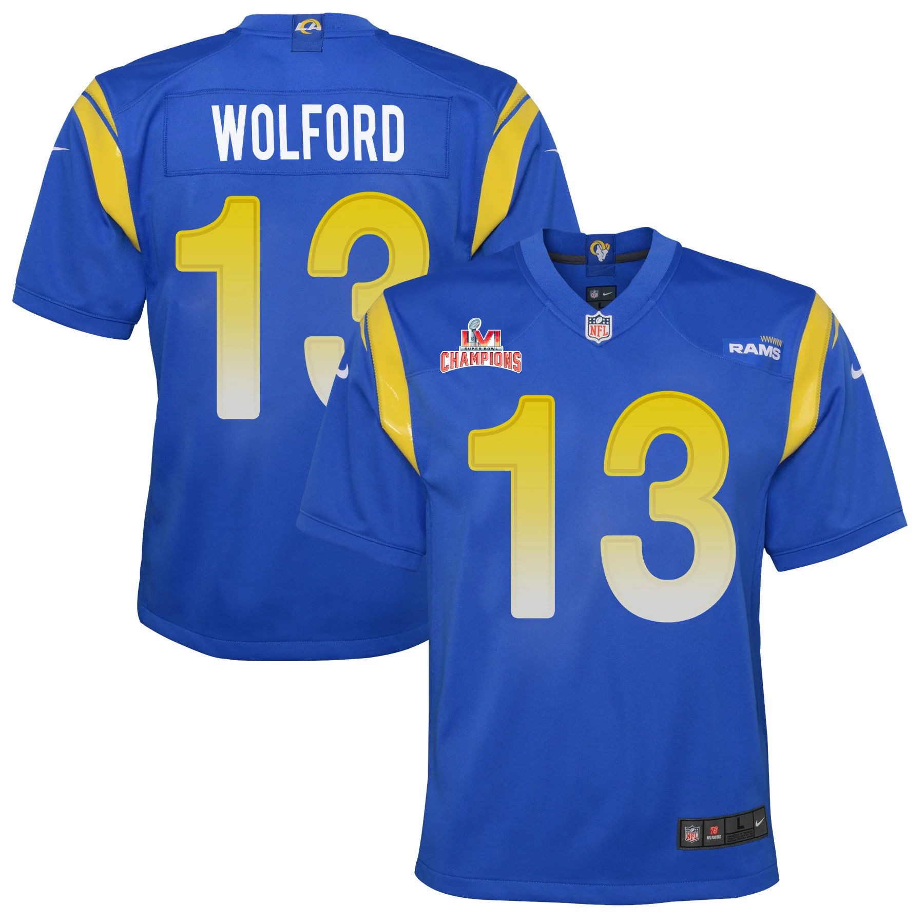 Super Bowl LVI Champions Los Angeles Rams John Wolford 13 Royal Youth's Jersey Jersey