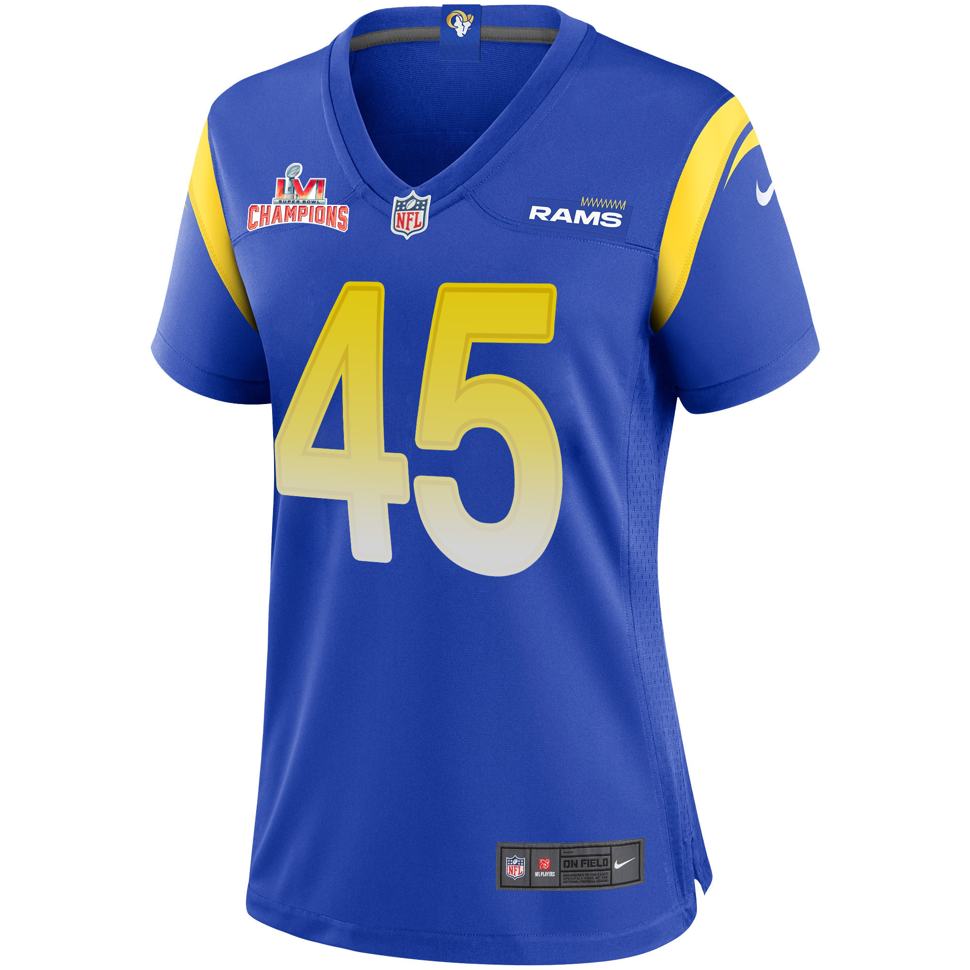 Super Bowl LVI Champions Los Angeles Rams Ogbonnia Okoronkwo 45 Royal Women's Jersey Jersey