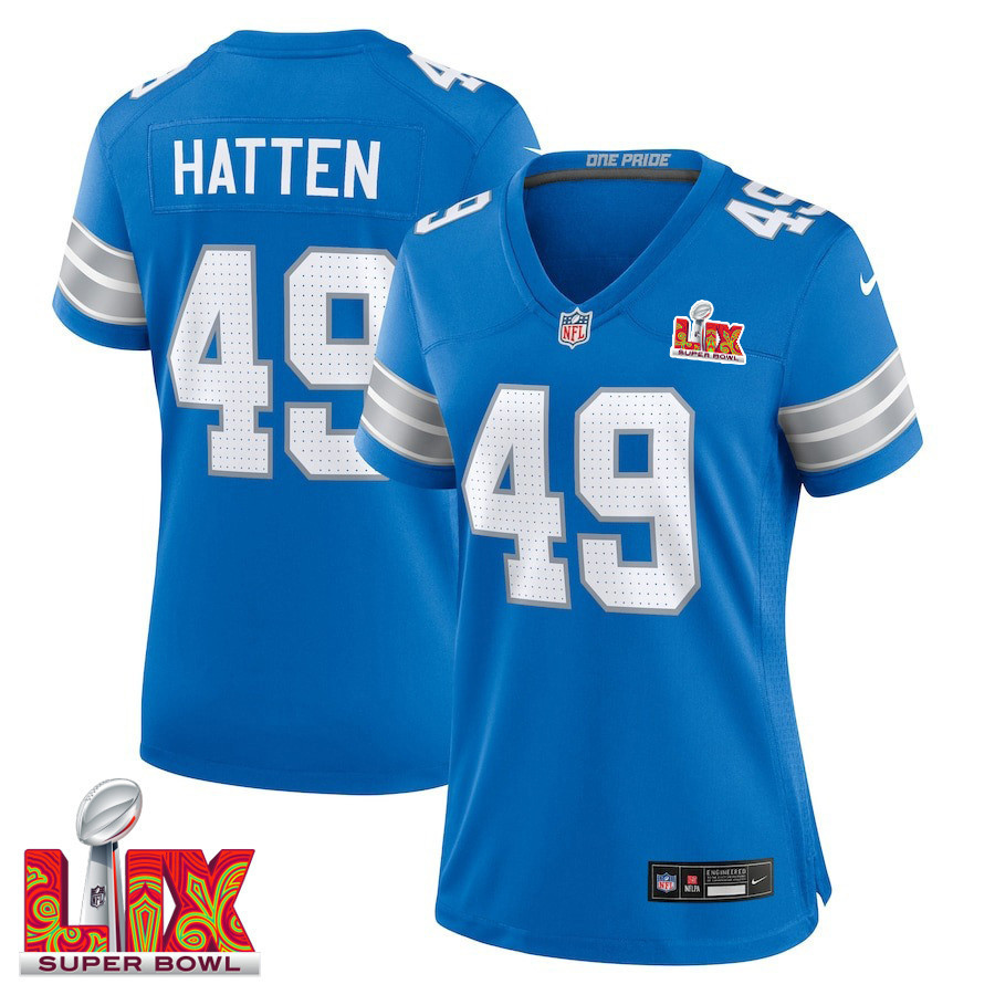 Hogan Hatten #49 Detroit Lions Super Bowl LIX Women's Jersey - Blue