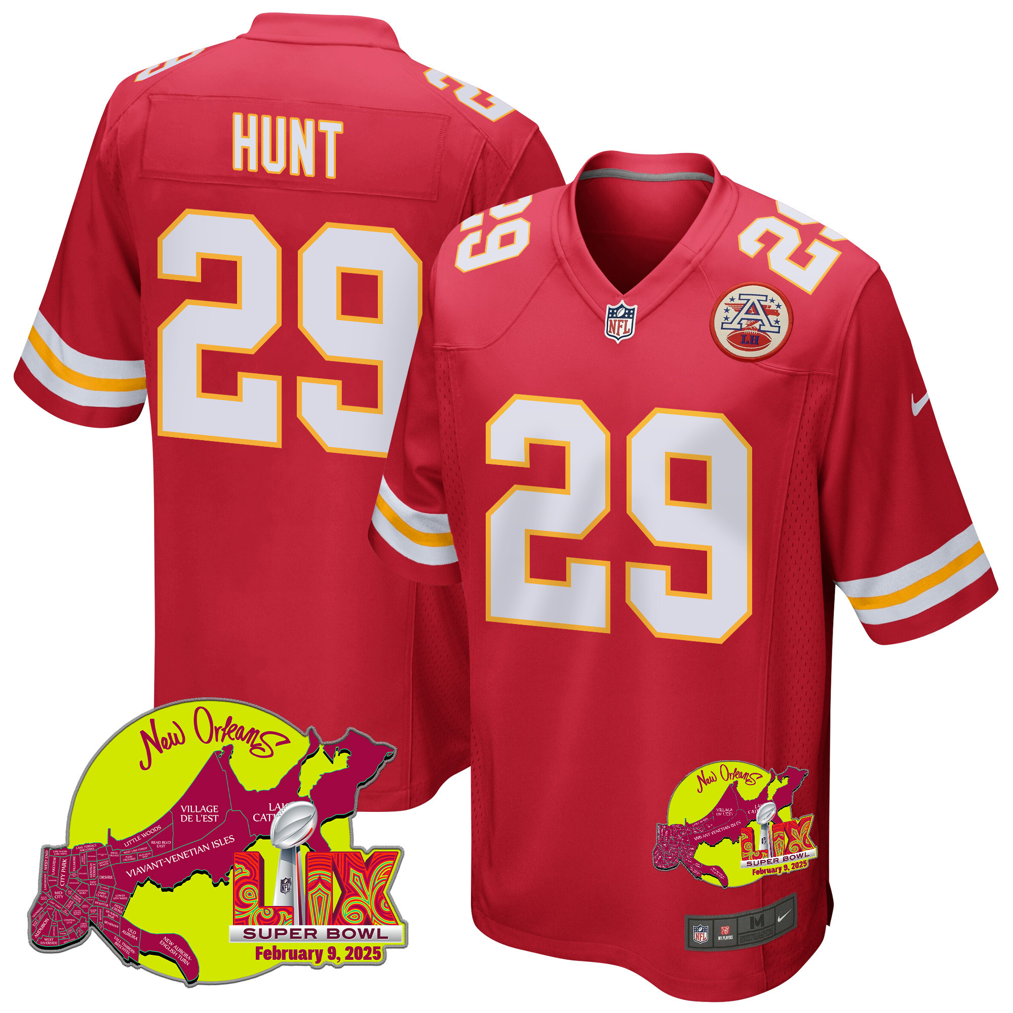 Kareem Hunt 29 Kansas City Chiefs Super Bowl LIX New Orleans Patch Game Men Jersey - Red