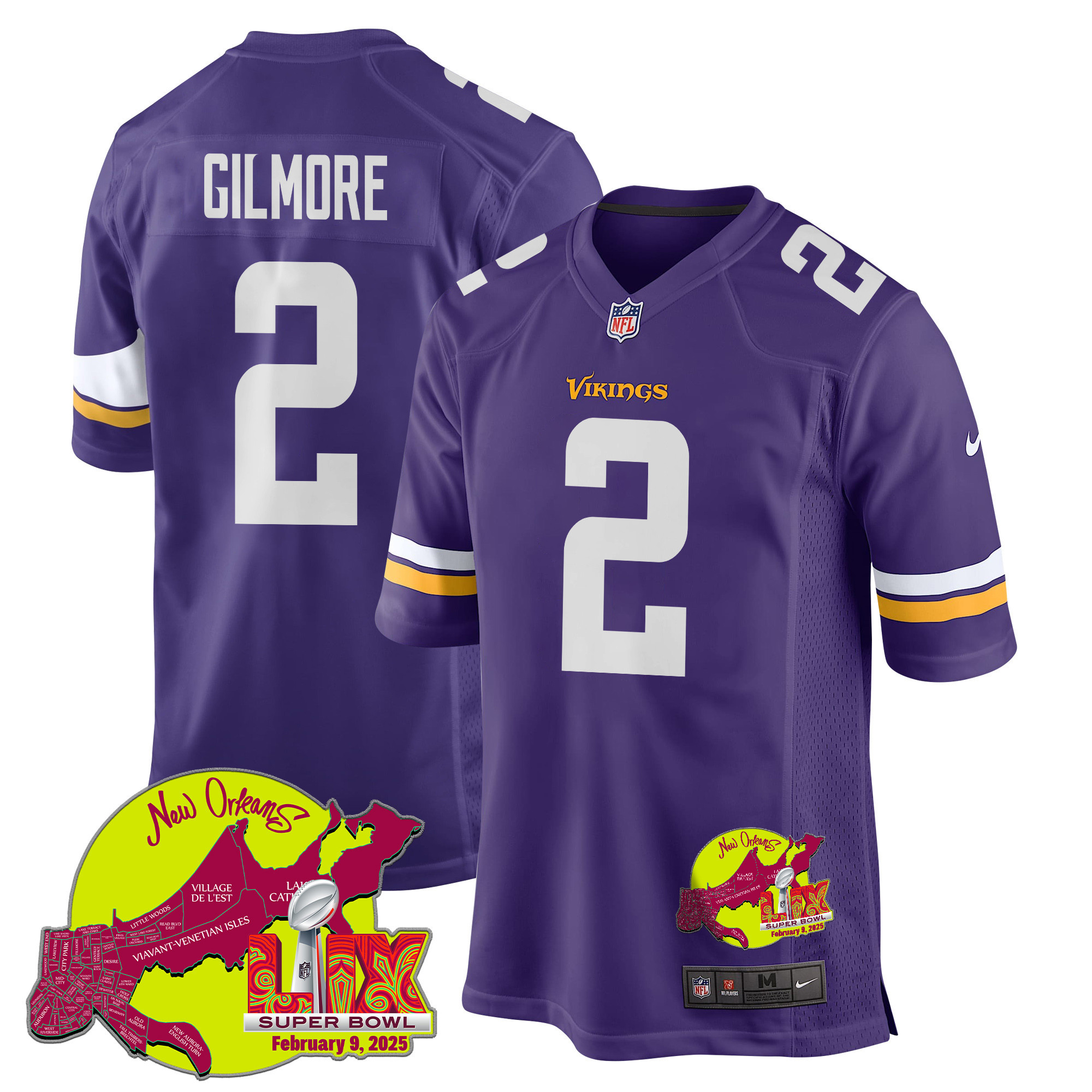 Stephon Gilmore 2 Minnesota Vikings Super Bowl LIX New Orleans Patch Game Men Jersey - Purple