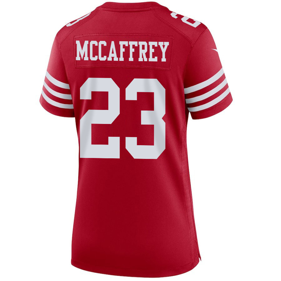 Christian McCaffrey 23 San Francisco 49ers Super Bowl LVIII Patch Game Women Jersey - Scarlet