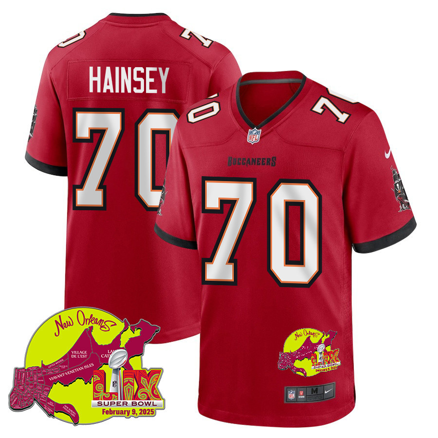 Robert Hainsey 70 Tampa Bay Buccaneers Super Bowl LIX New Orleans Patch Game Men Jersey - Red