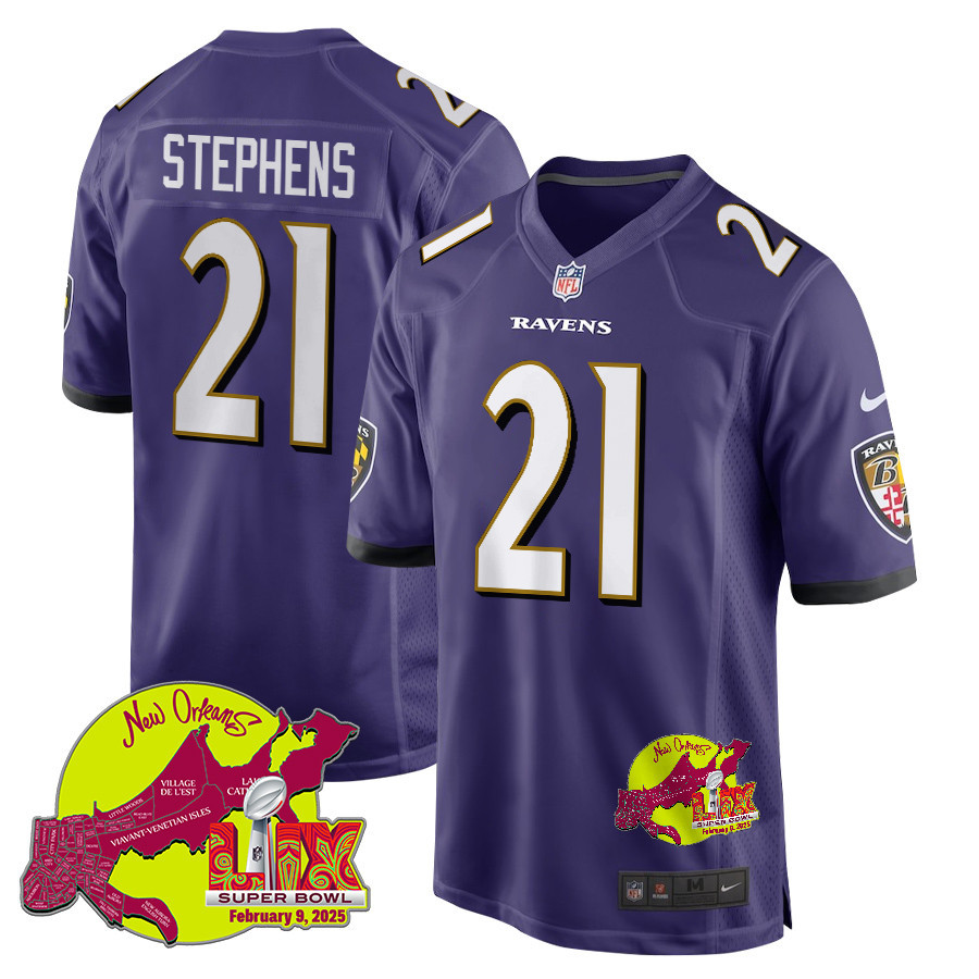 Brandon Stephens 21 Baltimore Ravens Super Bowl LIX New Orleans Patch Game Men Jersey - Purple