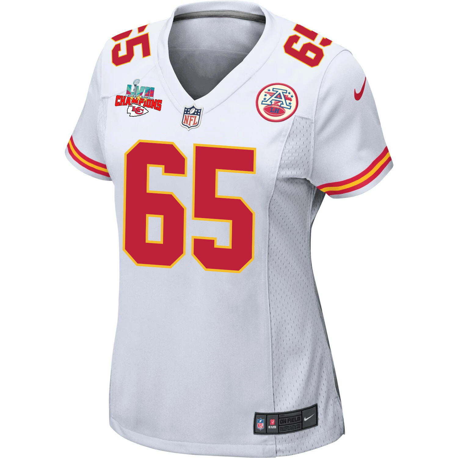 Trey Smith 65 Kansas City Chiefs Super Bowl LVII Champions 3 Stars Women Game Jersey - White