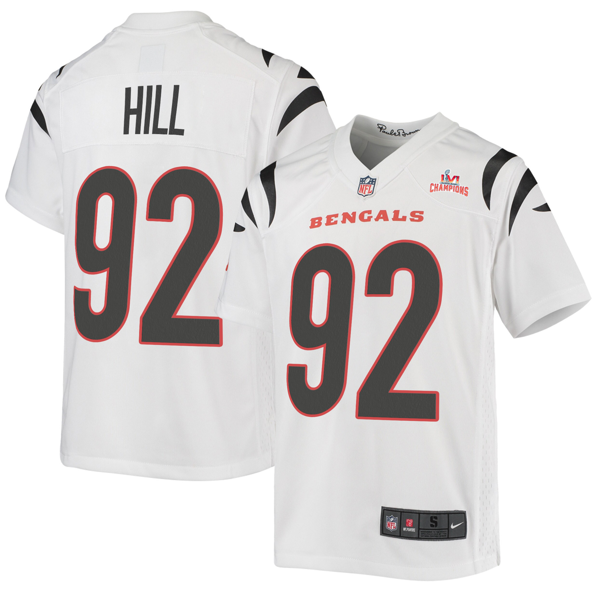 Super Bowl LVI Champions Cincinnati Bengals B.J. Hill 92 White Youth's Jersey Jersey