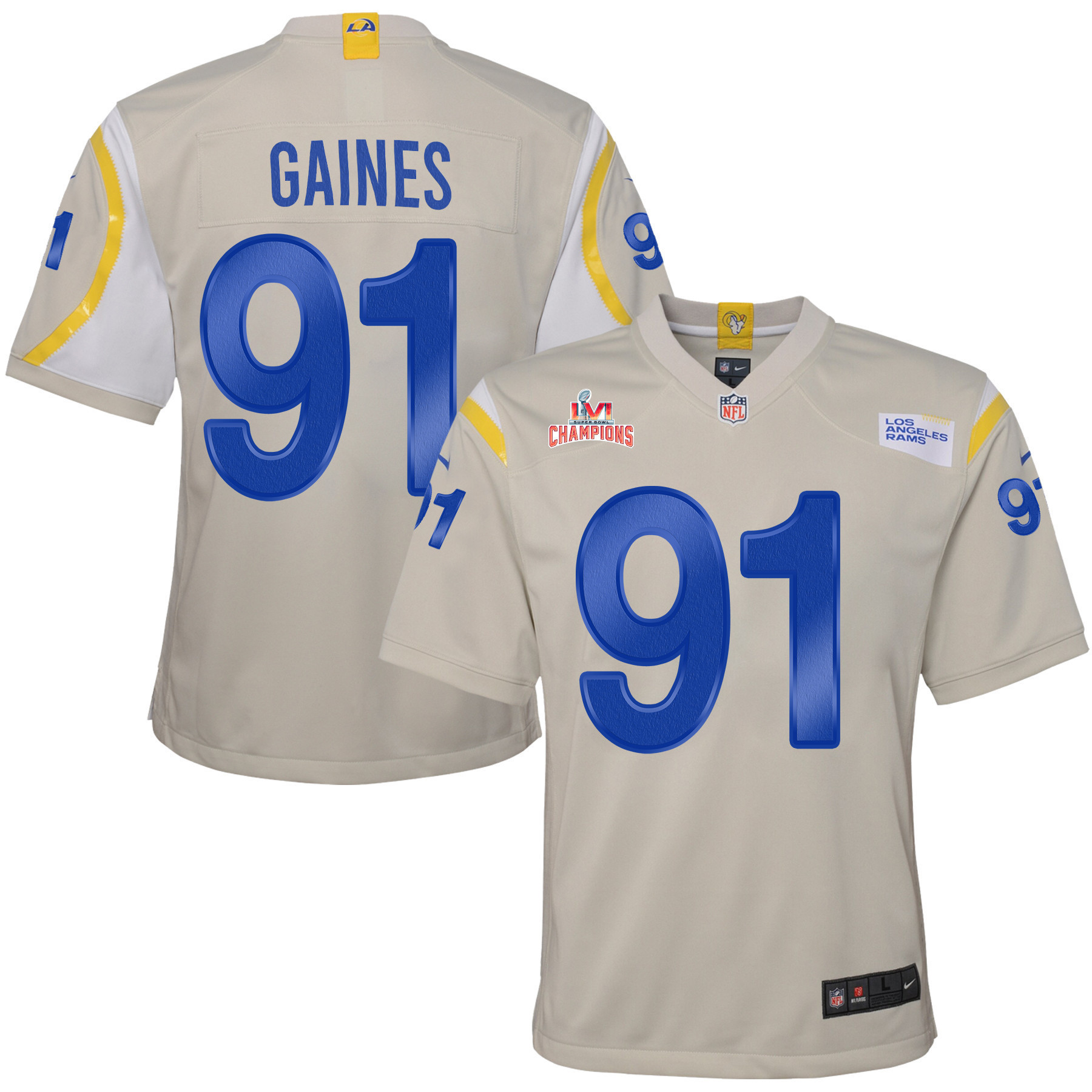 Super Bowl LVI Champions Los Angeles Rams Greg Gaines 91 Bone Youth's Jersey Jersey