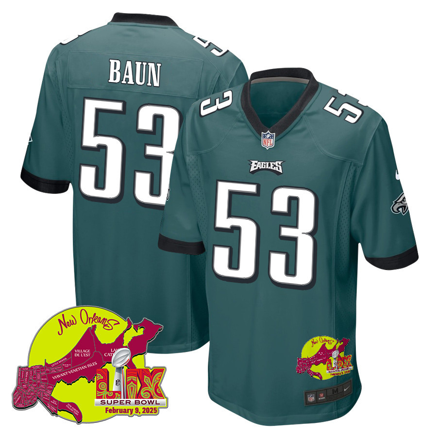 Zack Baun 53 Philadelphia Eagles Super Bowl LIX New Orleans Patch Game Men Jersey - Midnight Green