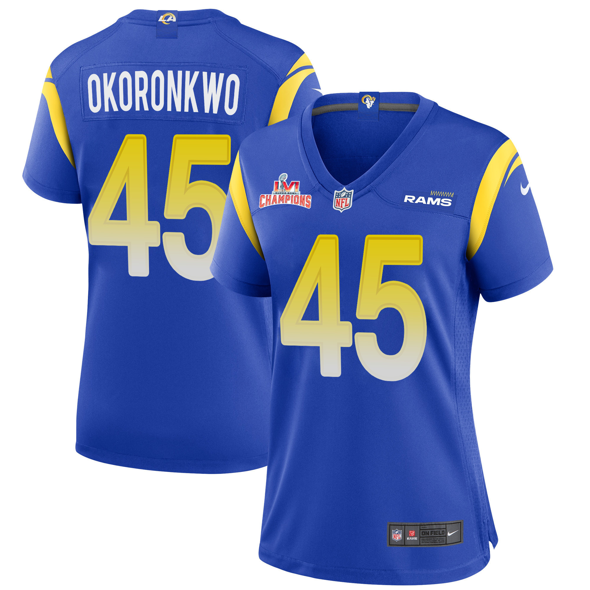 Super Bowl LVI Champions Los Angeles Rams Ogbonnia Okoronkwo 45 Royal Women's Jersey Jersey