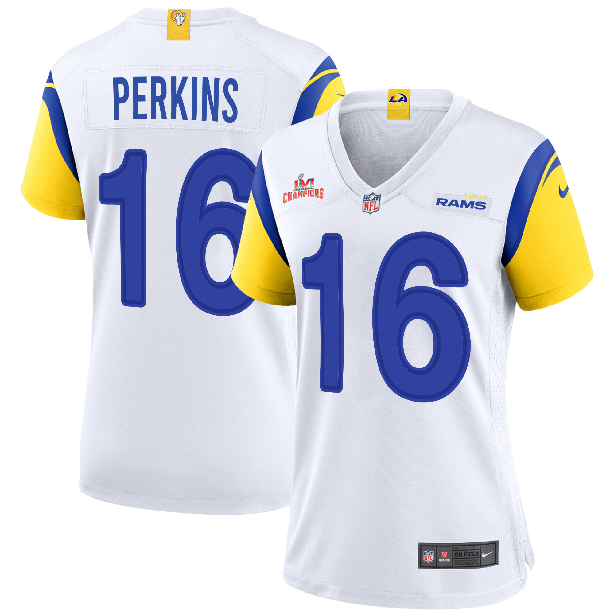 Super Bowl LVI Champions Los Angeles Rams Bryce Perkins 16 White Women's Jersey Jersey