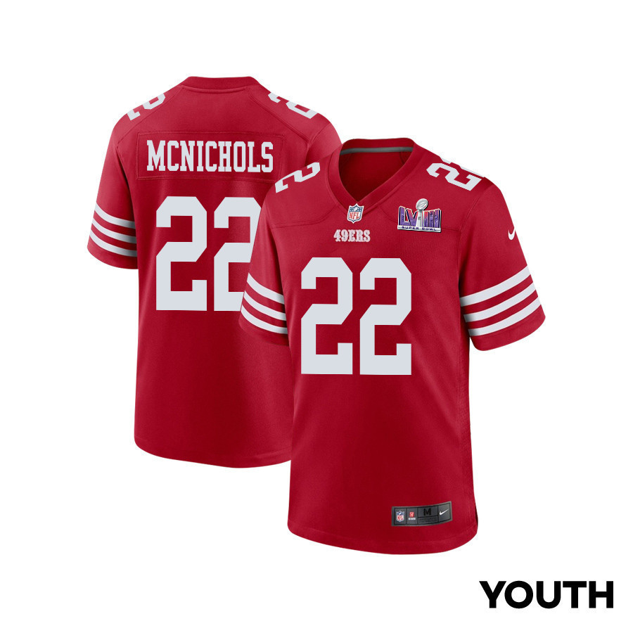 Jeremy McNichols 22 San Francisco 49ers Super Bowl LVIII Patch Game YOUTH Jersey - Scarlet