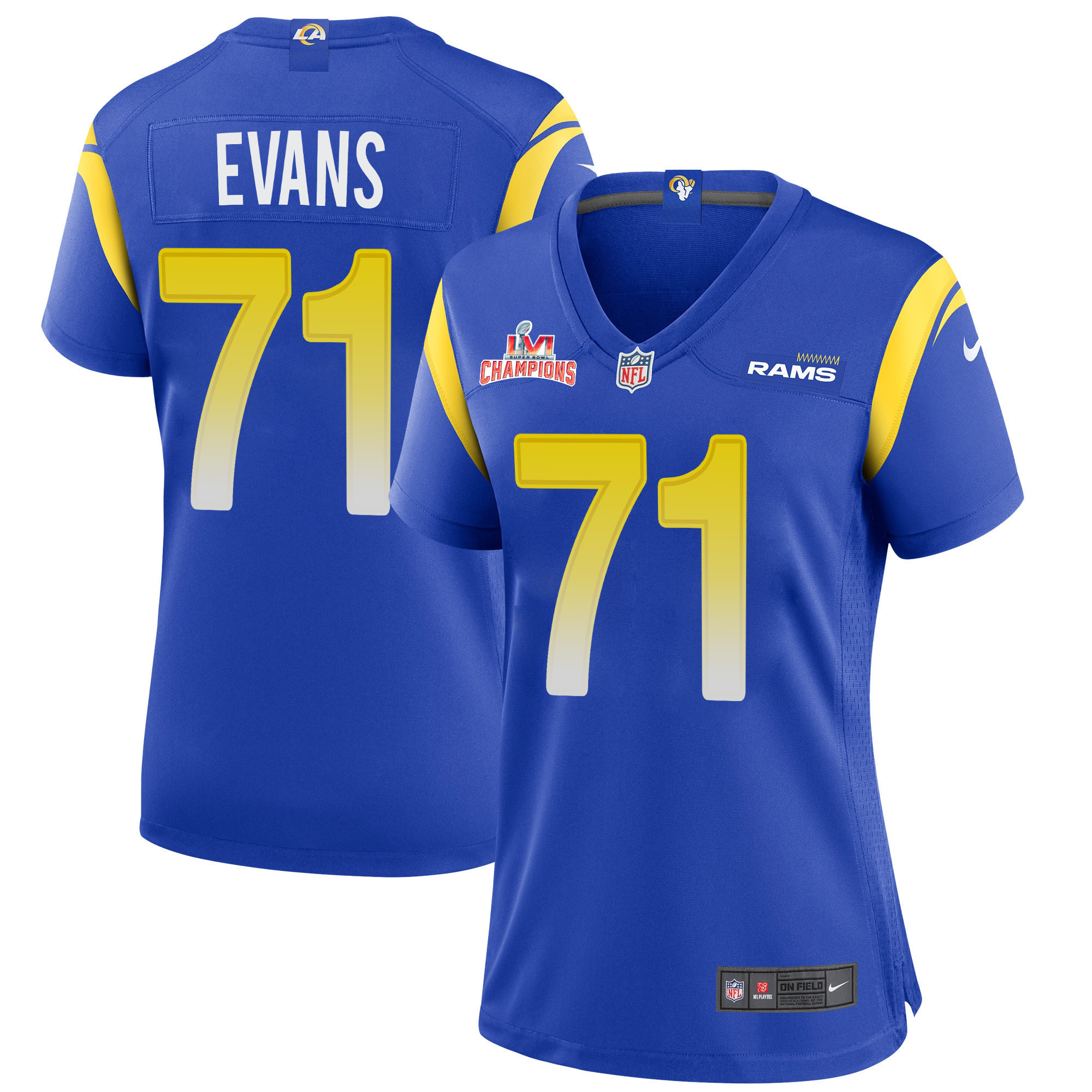 Super Bowl LVI Champions Los Angeles Rams Bobby Evans 71 Royal Women's Jersey Jersey