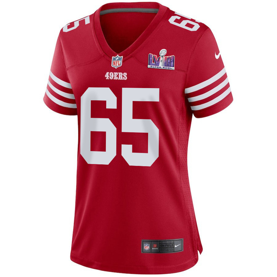 Aaron Banks 65 San Francisco 49ers Super Bowl LVIII Patch Game Women Jersey - Scarlet