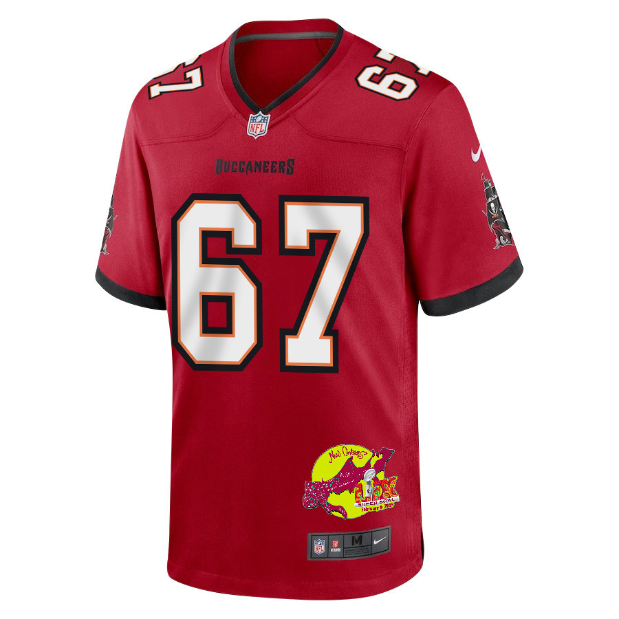Luke Goedeke 67 Tampa Bay Buccaneers Super Bowl LIX New Orleans Patch Game Men Jersey - Red