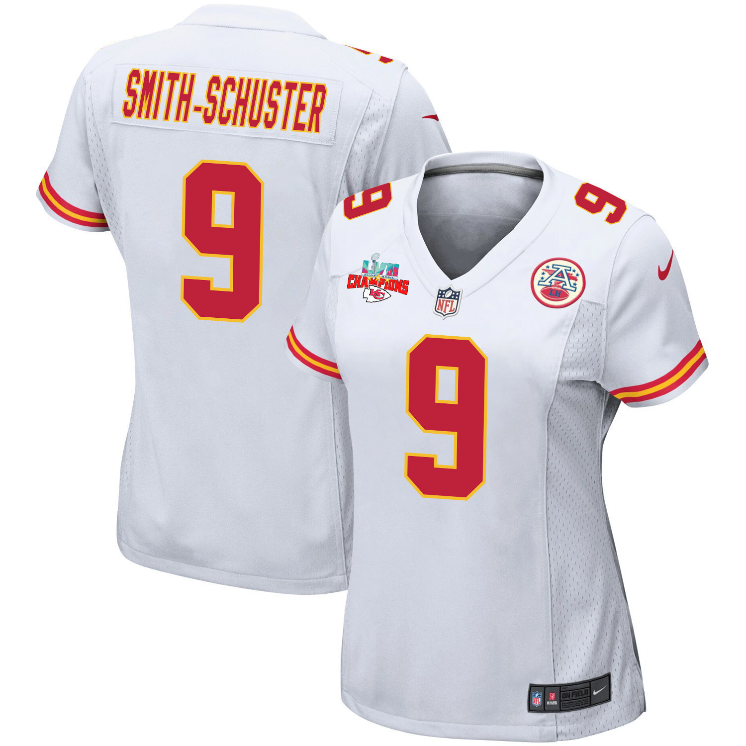 JuJu Smith-Schuster 9 Kansas City Chiefs Super Bowl LVII Champions 3 Stars Women Game Jersey - White
