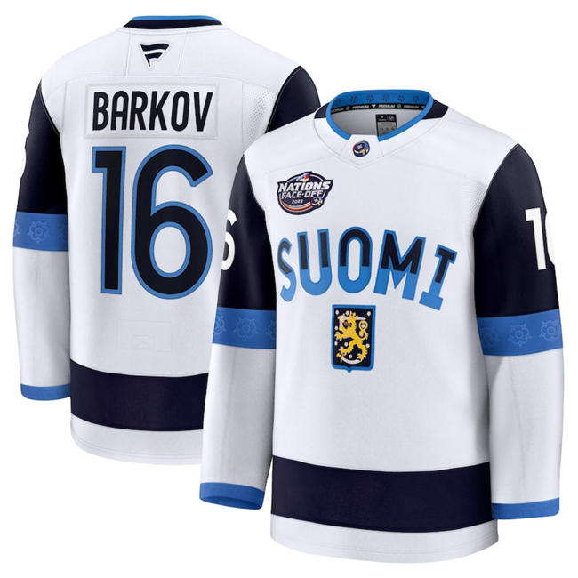 Finland #16 Aleksander Barkov White 2025 4 Nations Face-Off Premium Stitched Jersey