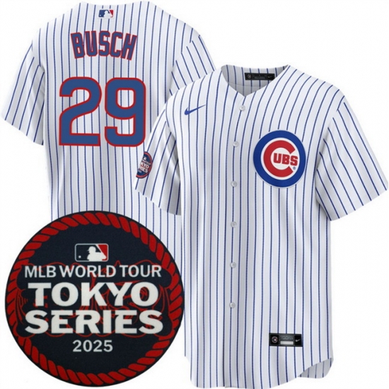 Chicago Cubs 29 Michael Busch White 2025 World Tour Tokyo Series Home Stitched Baseball Jersey