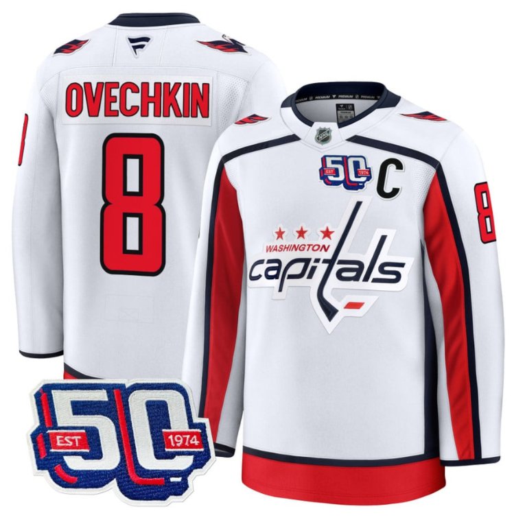 Men Alex Ovechkin Jersey #8 Washington Capitals 50th Anniversary Stitched White