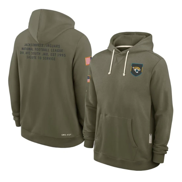 Jacksonville Jaguars Olive 2025 Salute to Service Sideline Standard Issue Dri-FIT Hoodie