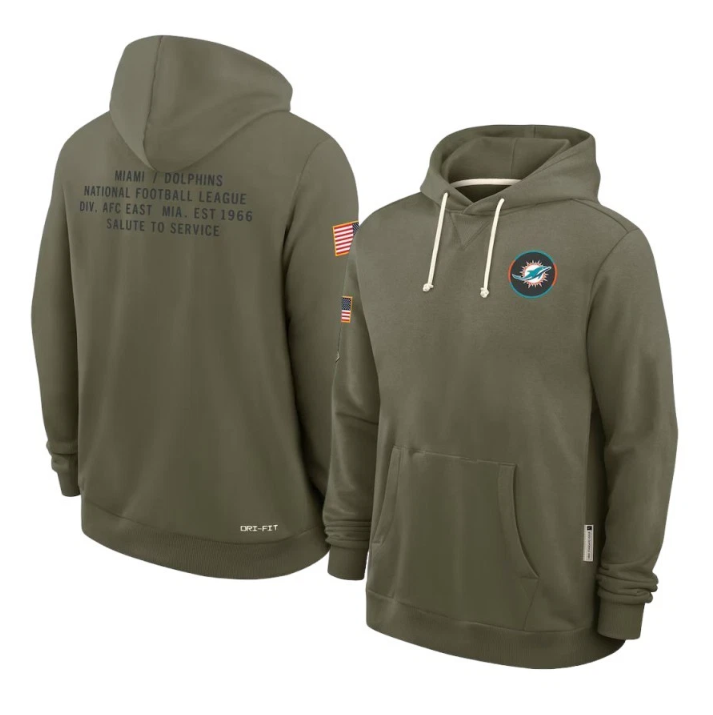 Miami Dolphins Olive 2025 Salute to Service Sideline Standard Issue Dri-FIT Hoodie