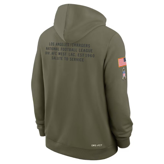 Los Angeles Chargers Olive 2025 Salute to Service Sideline Standard Issue Dri-FIT Hoodie