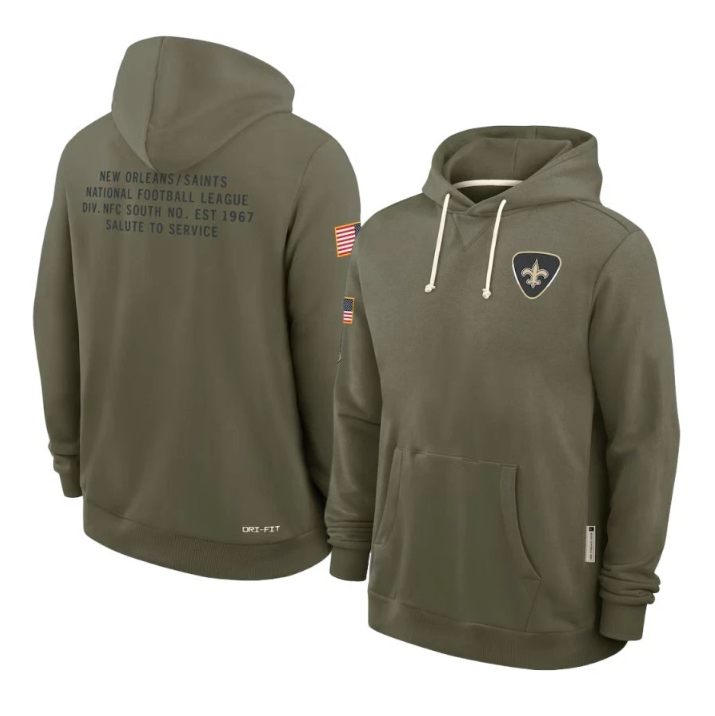 New Orleans Saints Olive 2025 Salute to Service Sideline Standard Issue Dri-FIT Hoodie