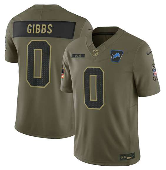 Detroit Lions #0 Jahmyr Gibbs Olive 2025 Salute to Service Limited Football Stitched Jersey